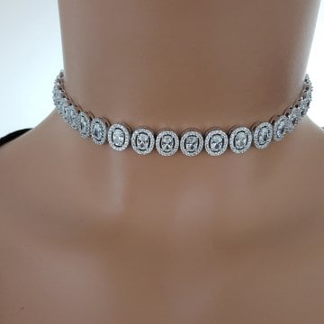925K Gümüş  Yuvarlak Zirkon Taşlı Choker Kolye