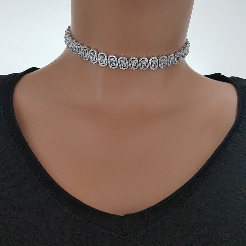 925K Gümüş  Baget Taşlı Choker Kolye
