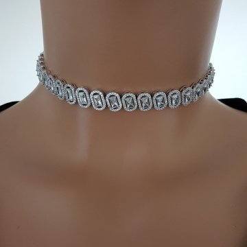 925K Gümüş  Baget Taşlı Choker Kolye