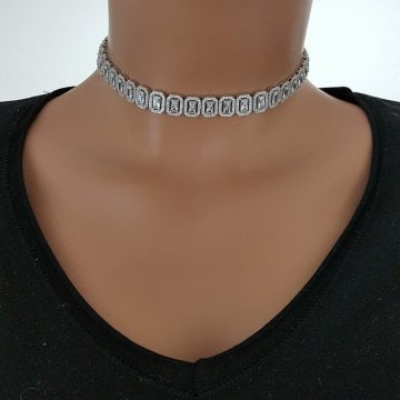 925K Gümüş  Baget Taşlı Choker Kolye