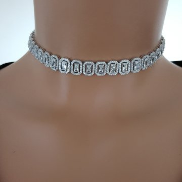 925K Gümüş  Baget Taşlı Choker Kolye