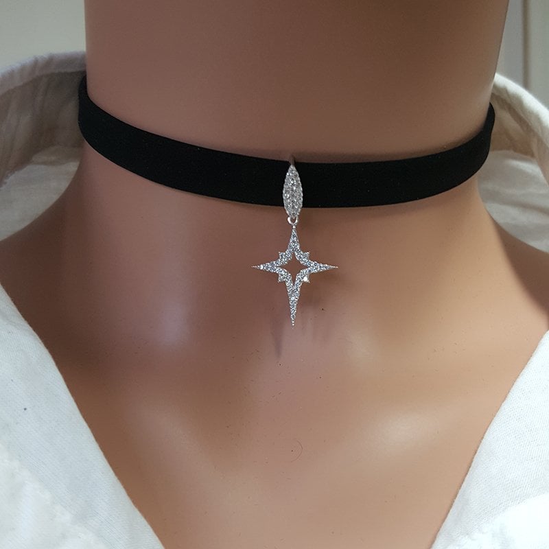 925K Gümüş Kutup Yıldızı Taşlı Choker Kolye