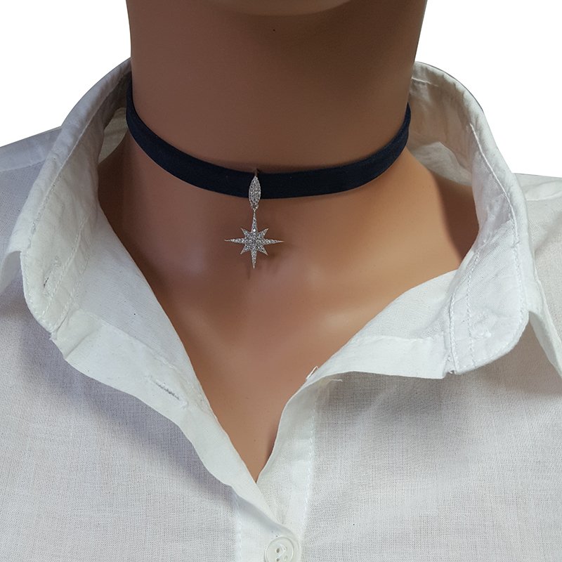 925K Gümüş Deri Yıldız Taşlı Choker Kolye