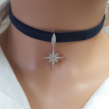 925K Gümüş Deri Yıldız Taşlı Choker Kolye