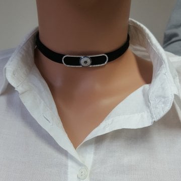 925K Gümüş Deri Nazar Taşlı Choker Kolye