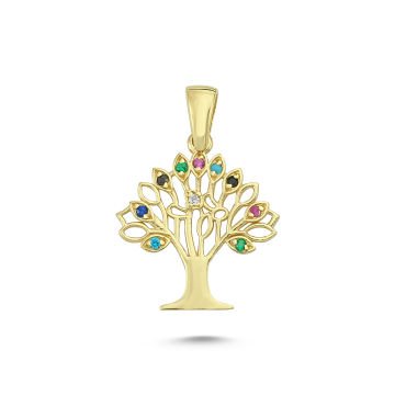 Beelo Gold 14K Altın Hayat Ağacı Renkli Taşlı Özel Tasarım Kolye Ucu