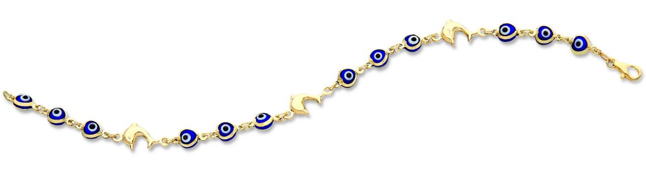 Beelo Gold 14K Altın Yunus Balığı  Nazar Boncuğu Bileklik