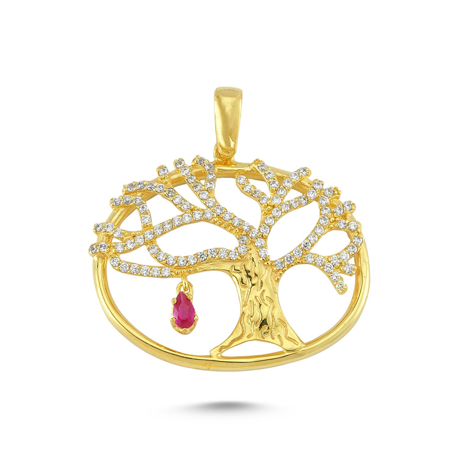 Beelo Gold 14K Altın Pembe Taşlı Hayat Ağacı Kolye Ucu