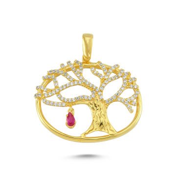 Beelo Gold 14K Altın Pembe Taşlı Hayat Ağacı Kolye Ucu