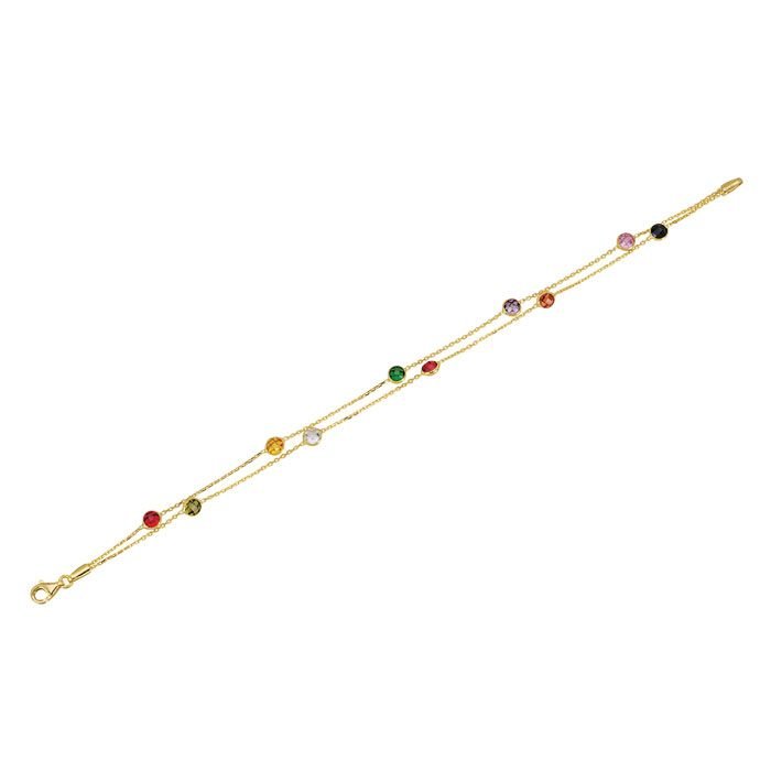 Beelo Gold 14K Altın Zirkon Elmas Kesim Renkli Taşlı 2 Sıra  Bileklik