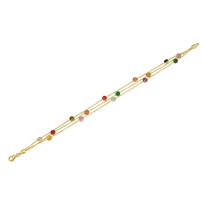 Beelo Gold 14K Altın Zirkon Elmas Kesim Renkli Taşlı 3 Sıra  Bileklik