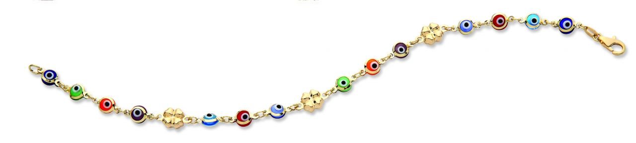 Beelo Gold 14K Altın Renkli Yonca  Nazar Boncuğu Bileklik