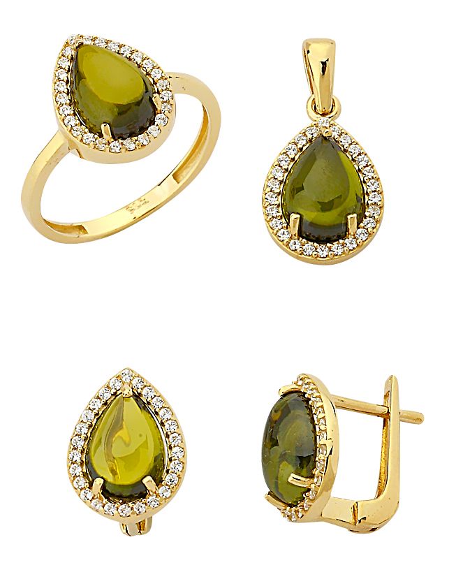 Beelo Gold 14K Altın Renkli Taşlı Su Damlası Set BGTTR013