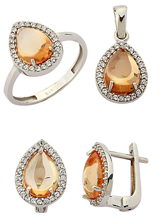 Beelo Gold 14K Altın Renkli Taşlı Su Damlası Set BGTTR014