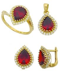 Beelo Gold 14K Altın Renkli Taşlı Su Damlası Set BGTTR052