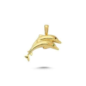 Beelo Gold 14K Altın Taşlı Çift Yunus Balığı Kolye Ucu