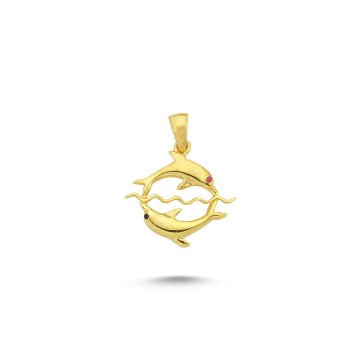 Beelo Gold 14K Altın Taşlı Çift Yunus Balığı Özel Tasarım Kolye Ucu