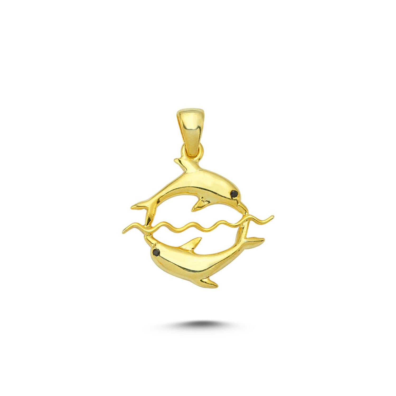 Beelo Gold 14K Altın Taşlı Çift Yunus Balığı Özel Tasarım Kolye Ucu