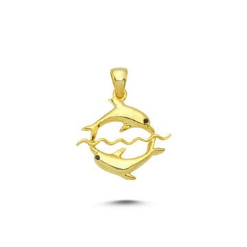 Beelo Gold 14K Altın Taşlı Çift Yunus Balığı Özel Tasarım Kolye Ucu
