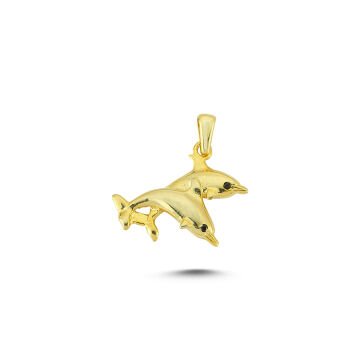 Beelo Gold 14K Altın Taşlı Çift Yunus Balığı Özel Tasarım Kolye Ucu