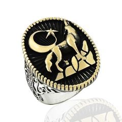 Beelo Silver 925K Gümüş Bozkurt Ay Yıldız Erkek Yüzük