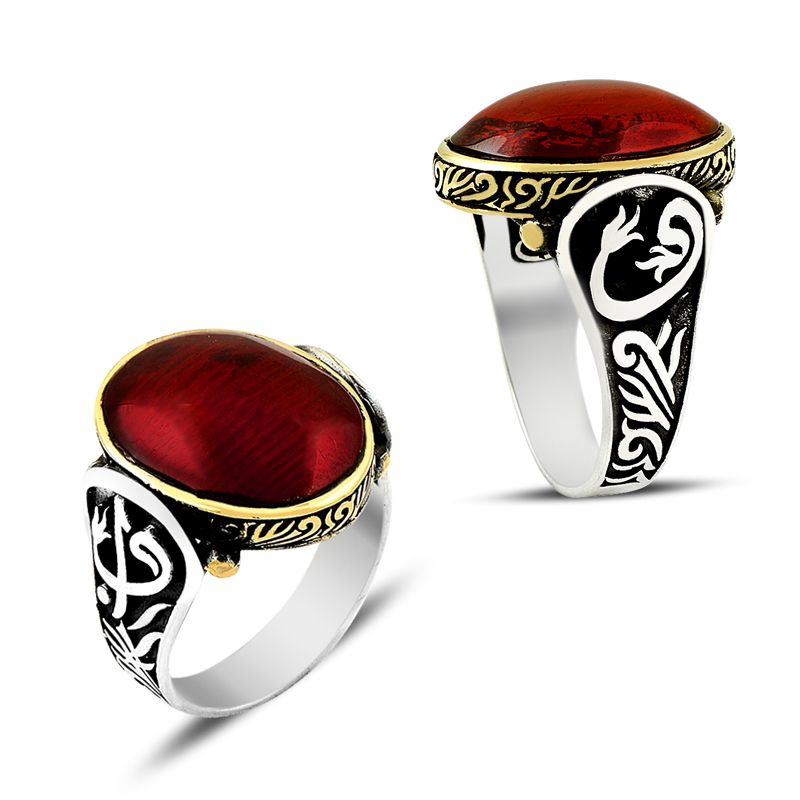 Beelo Silver 925K Gümüş Kehribar Erkek Yüzük