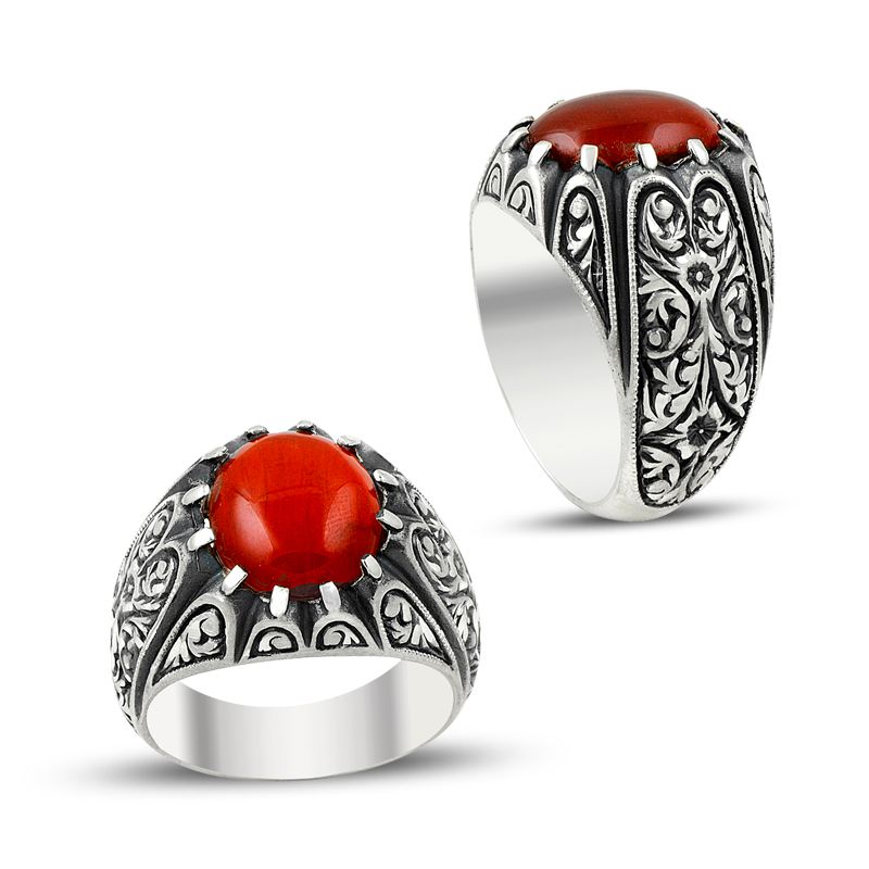 Beelo Silver 925K Gümüş Erzurum El işi Kehribar Erkek Yüzük