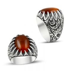 Beelo Silver 925K Gümüş Erzurum El işi Kehribar Erkek Yüzük